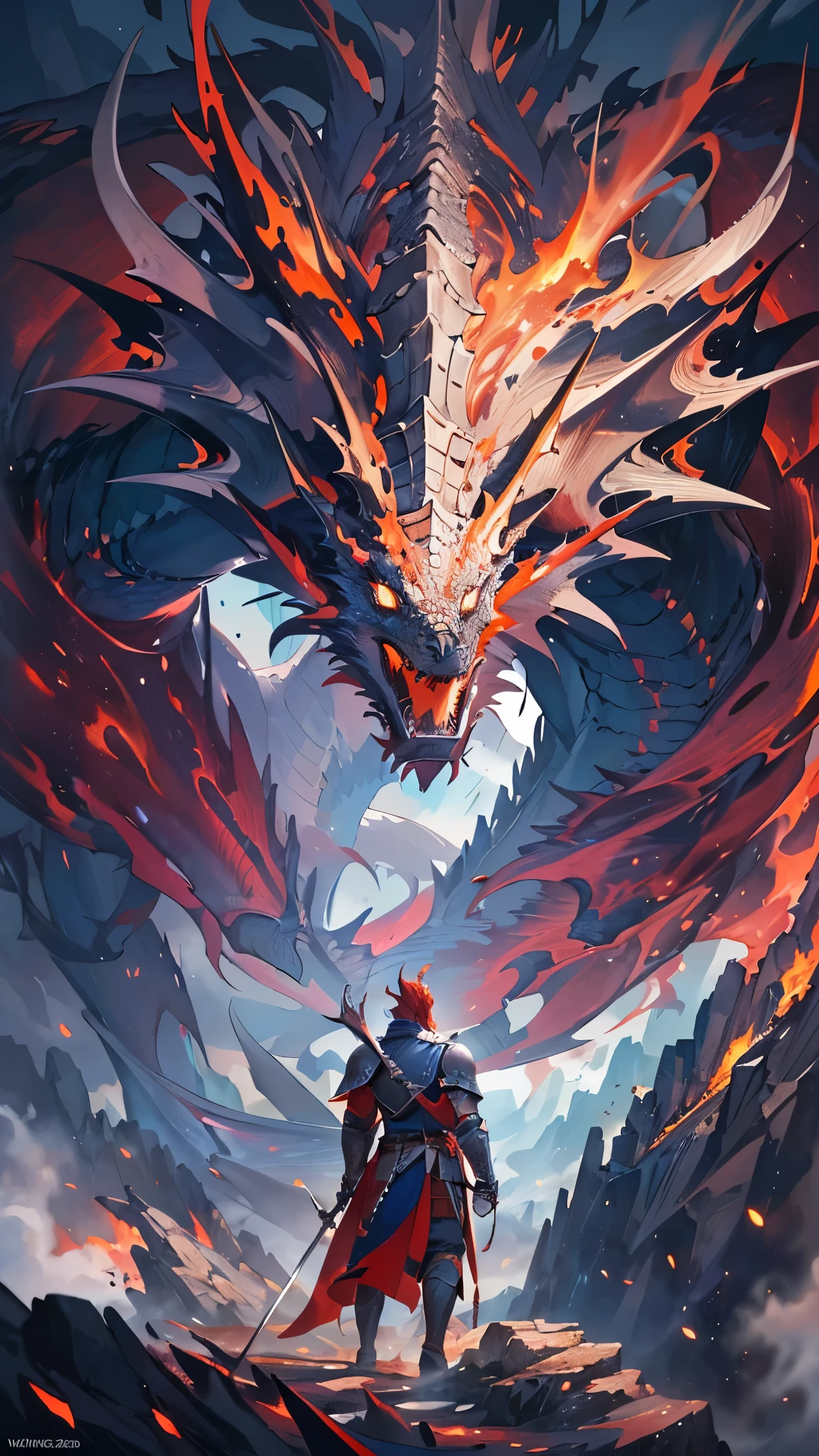 (masterpiece:1.2),(Highest quality),(Super detailed),(Ultra-high resolution),8K,Vast landscape photography,Fantasy art,(From below,A legendary knight looking up at a giant dragon in front of him,A dragon glaring at a legendary knight),(The knight is wearing legendary armor.),(One person: 1.5),((Burning Mountain)),(moving composition: 1.4),Very detailed,colorful,Very detailed drawing