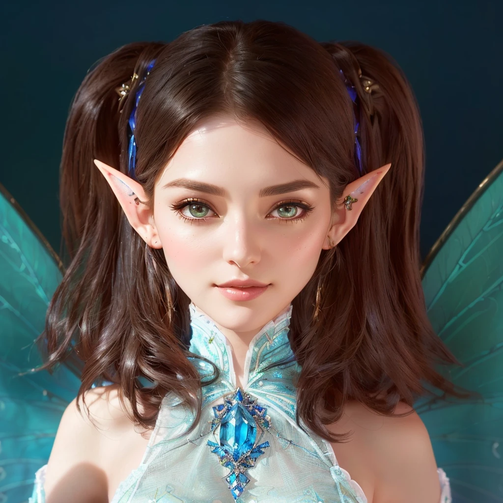 Close up of woman in fairy costume and blue dress, Highly detailed fantasy character, Brunette elf with fairy wings, Smirking elf character, elf girl, Pixie Character, Female elves, Lineage 2 Revolution Style, elf princess, Portrait of an elf, Highly detailed characters, 매우 아름다운 Portrait of an elf, portrait of a fairy, elf beauty