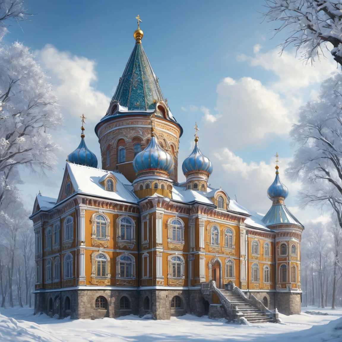 ((best quality)), ((masterpiece)), ((realistic,digital art)), (hyper detailed), (slavic ambassy in winter), ground view, (medieval russian style)