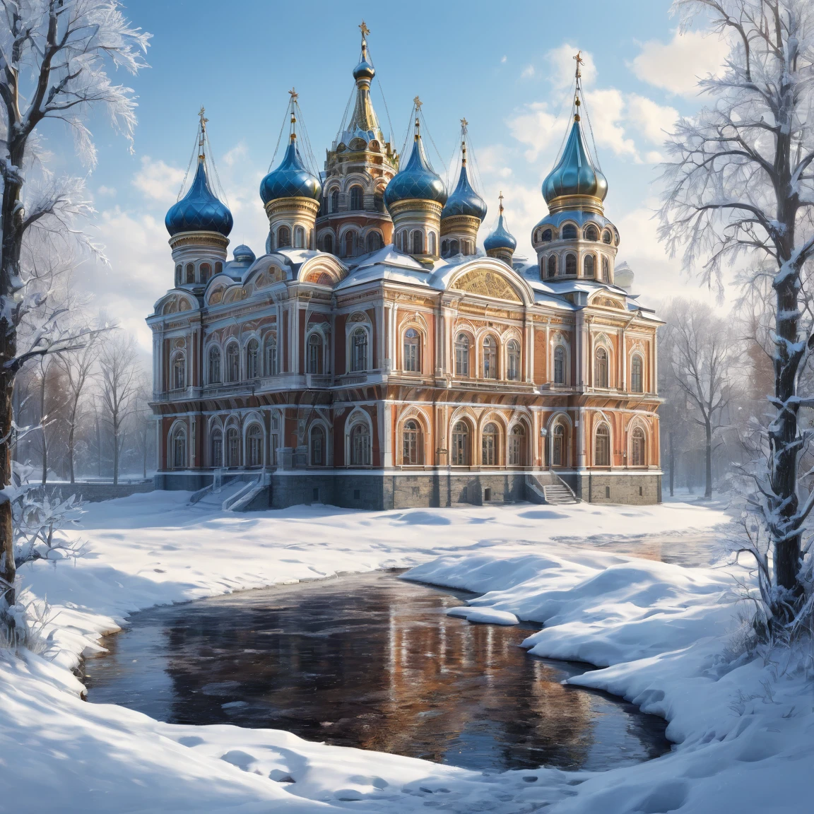 ((best quality)), ((masterpiece)), ((realistic,digital art)), (hyper detailed), (slavic ambassy in winter), ground view, (medieval russian style)