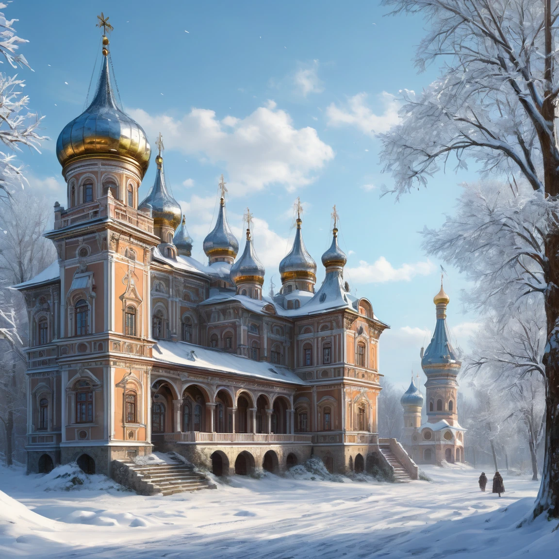 ((best quality)), ((masterpiece)), ((realistic,digital art)), (hyper detailed), (slavic ambassy in winter), ground view, (medieval russian style)