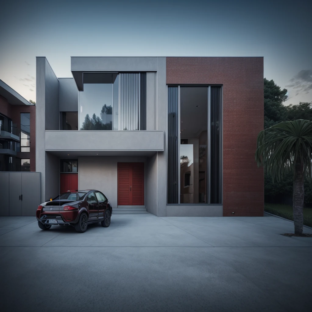 photorealistic,modern house,facade,modern house red brick facade,512k,high detailed,phot real, award winning