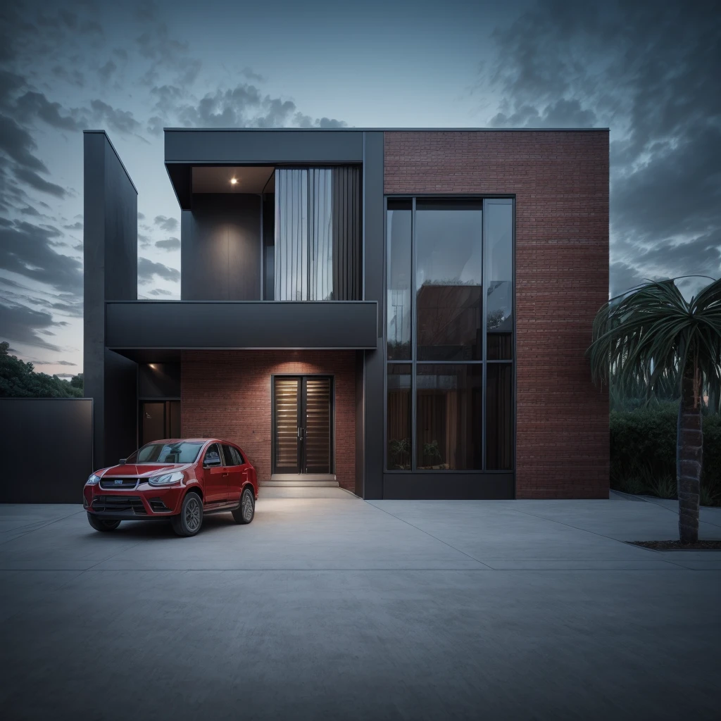 photorealistic,modern house,facade,modern house red brick facade,512k,high detailed,phot real, award winning