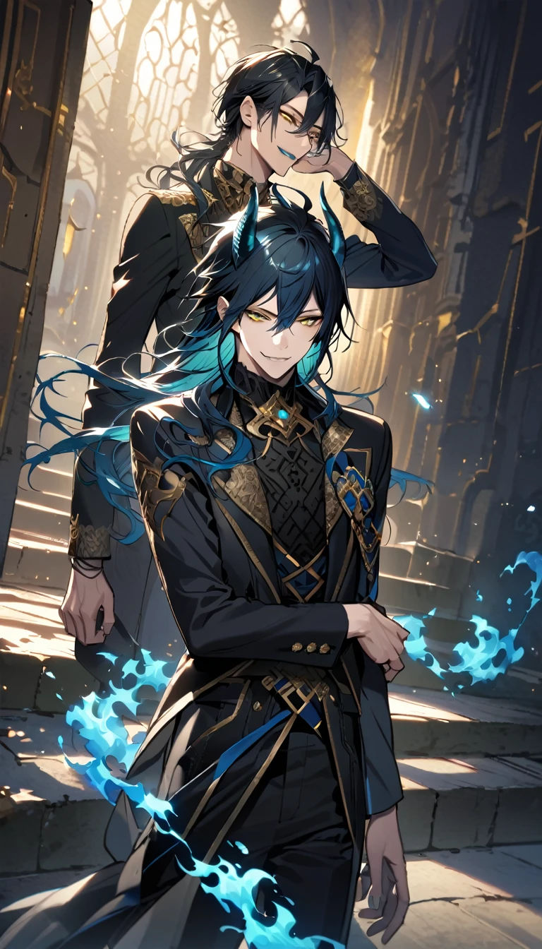 (pieces fly), (highest quality), very detailed, ((two men)), perfect face, beautiful face, very detailed face，full body shot, (black haired man:1.3)，(blue haired man:1.3)，suit，shirt，smile，flower, (1st boy,Idia Shroud, bishounen, boy, male, extremely long hair, blue hair, blue fire hair, wavy hair, yellow eyes, tired expression, blue lips, handsome, skinny, geeky, blue glow, shark teeth,) (2nd boy, malleus draconia \(twisted wonderland\) horns, bishounen, boy, male, long hair, black hair, yellow green eyes, smile, gray lips, handsome, skinny, tall, yellow green glow,)  Two men are hugging each,