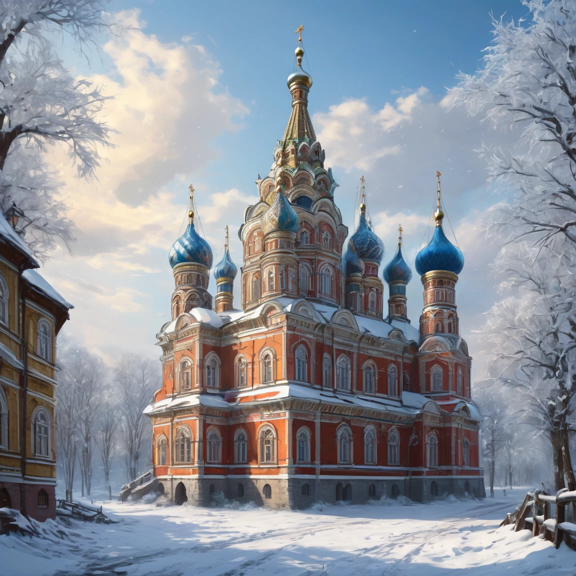 ((best quality)), ((masterpiece)), ((realistic,digital art)), (hyper detailed), (slavic ambassy in winter), ground view, (medieval russian style)