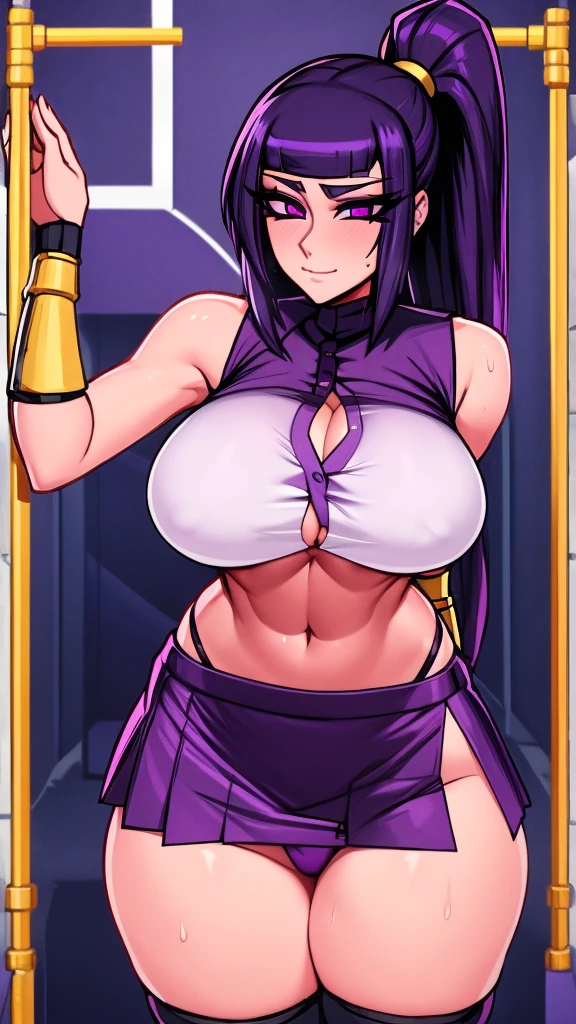  a big  girl big breast beautiful sexy ninja dark purple hair long hip her purple eye black eyelash big round she dresses purple blouse with sleeveless buttons exposed abdomen navel and a short purple skirt pair of net socks Transparent black boot