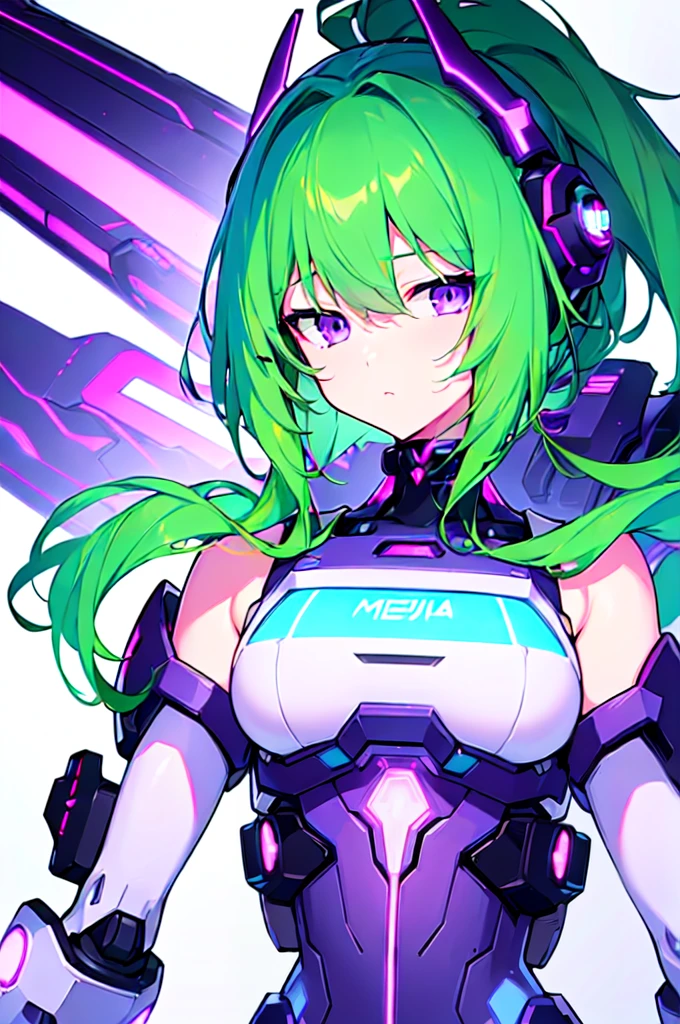 [(WHITE BACKGROUND:1.5),::5], ((((masterpiece)))), high quality, ultra very high resolution, full color, (((solo))), ((Mecha musume)), Mecha girl, ((Green hair)), (Purple eyes), anime, upper body, neon light, cyborg body, (Purple neon effect:1.2)