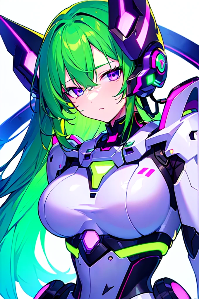 [(WHITE BACKGROUND:1.5),::5], ((((masterpiece)))), high quality, ultra very high resolution, full color, (((solo))), ((Mecha musume)), Mecha girl, ((Green hair)), (Purple eyes), anime, upper body, neon light, cyborg body, (Purple neon effect:1.2)