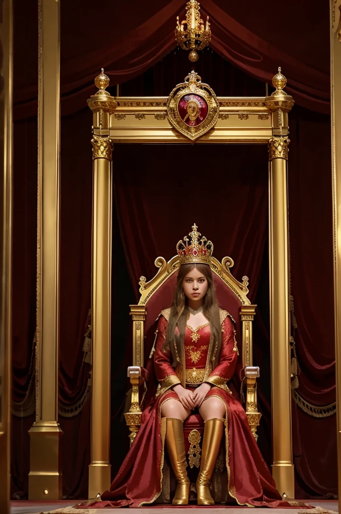 Brown-haired king wearing golden crown with ruby stones and red suit sitting on a golden throne, with princess standing next to the throne with blonde hair, wearing long red silk dress, with princess crown, in a real castle
