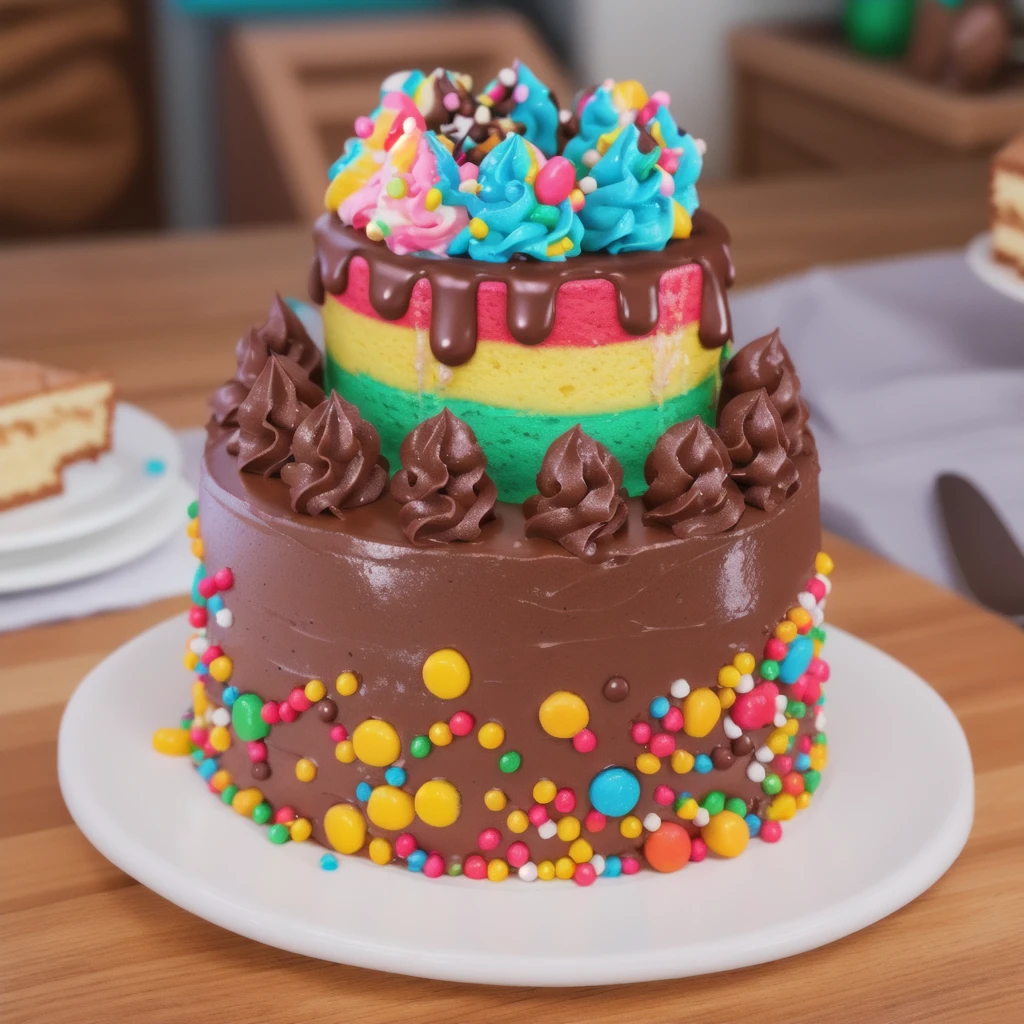 in the kitchen, on a wooden table, on a porcelain plate, a chocolate two-layer cream cake, decorated with sprinkles on the bottom, chocolate cream swirls on the first layer, the second cream layer multi-colored, chocolate ganache on the second layer, multi-colored swirls with sprinkles on top, realistic texture, realistic style, detailed texture, high quality, high resolution, high quality rendering, realistic photo, brightning light, macro photo, ultra hd 4k