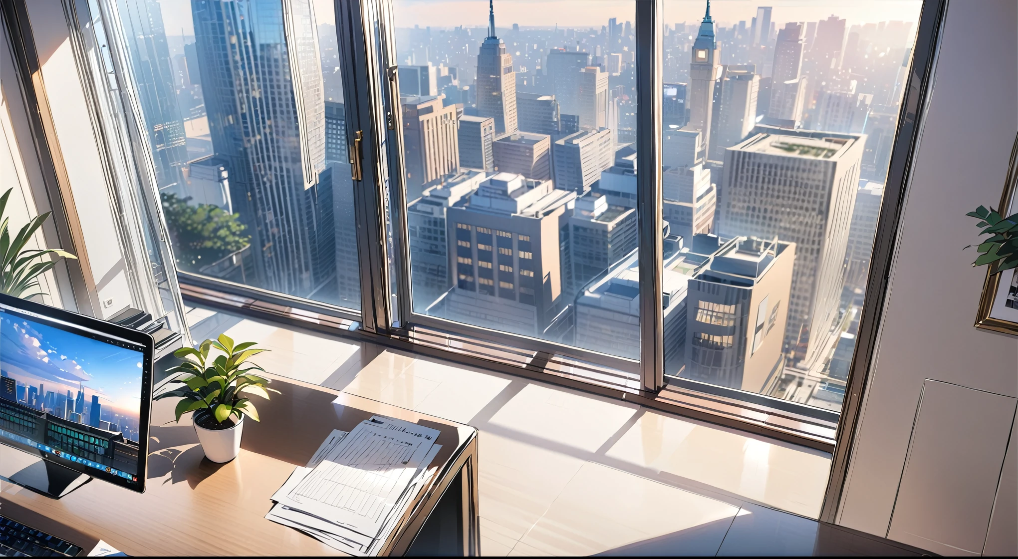 ((best quality)), ((masterpiece)), (detailed), office, president's office, floor-to-ceiling windows, top-down view scene,Potted plants，There is a computer and documents on the desk