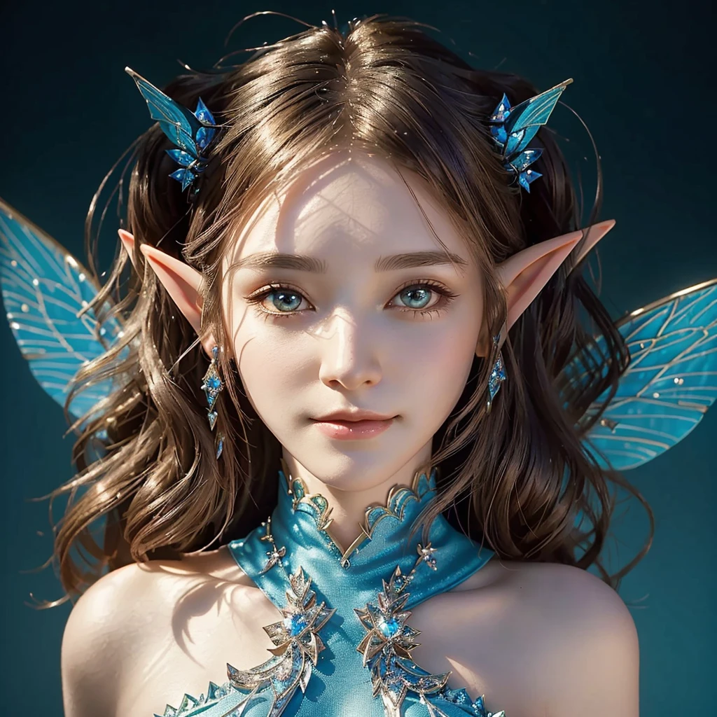 Close up of woman in fairy costume and blue dress, Highly detailed fantasy character, Brunette elf with fairy wings, Smirking elf character, elf girl, Pixie Character, Female elves, Lineage 2 Revolution Style, elf princess, Portrait of an elf, Highly detailed characters, 매우 아름다운 Portrait of an elf, portrait of a fairy, elf beauty