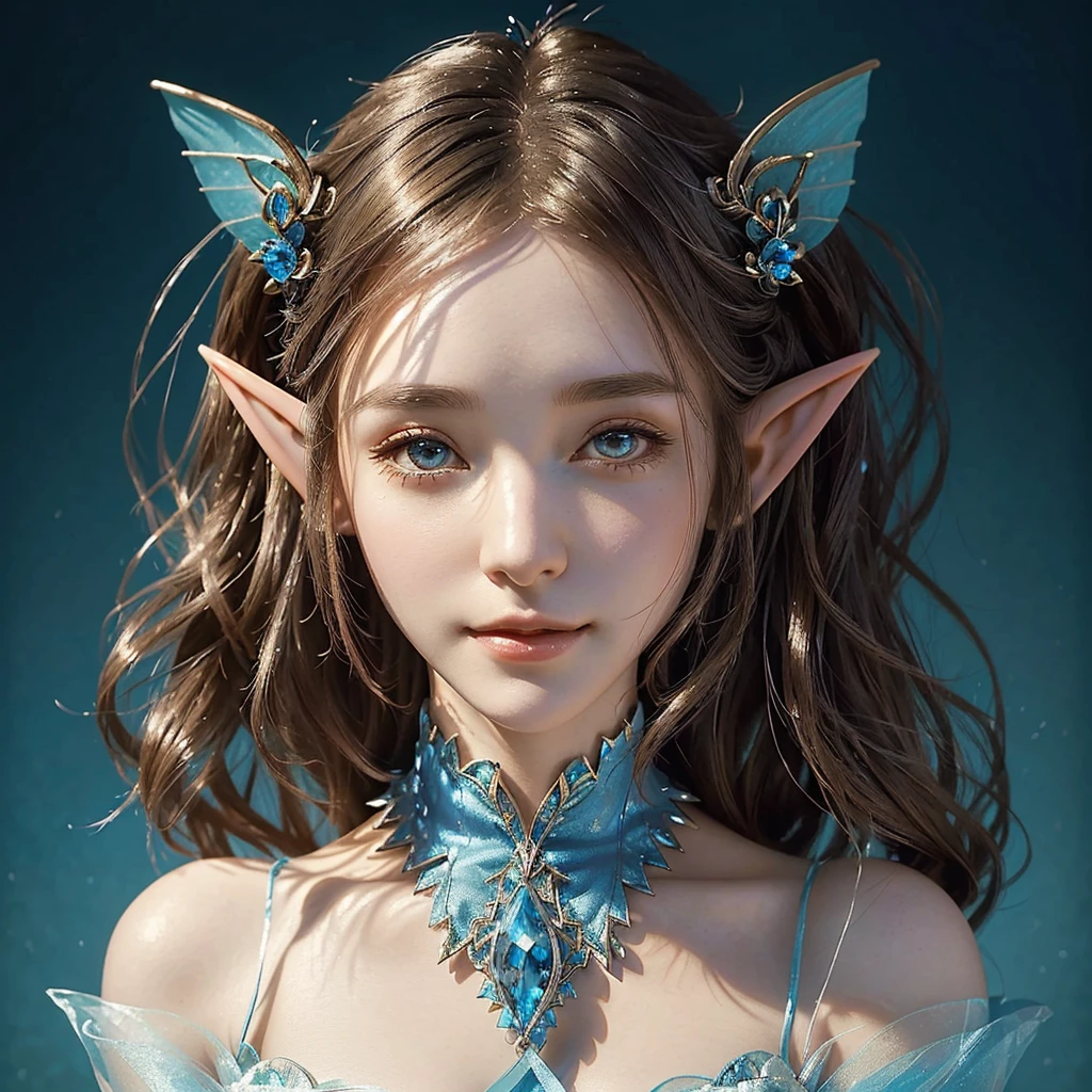 Close up of woman in fairy costume and blue dress, Highly detailed fantasy character, Brunette elf with fairy wings, Smirking elf character, elf girl, Pixie Character, Female elves, Lineage 2 Revolution Style, elf princess, Portrait of an elf, Highly detailed characters, 매우 아름다운 Portrait of an elf, portrait of a fairy, elf beauty
