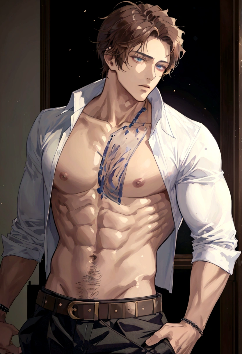 ((best quality)), ((masterpiece)), (detailed), a man with a shirt on and no shirt on, looking at the camera, big chest, anime handsome man, anime portrait of a handsome man, handsome stunning realistic, handsome anime pose, beautiful prince, human male character art, male anime character, male anime style