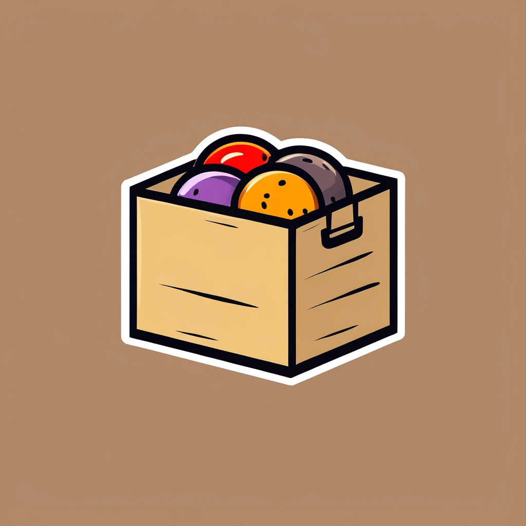 {food box}, { Game icons }, Worn Label, Simple Illustration, Brand Logo, Moderate Saturation, solid color background, correct, logo, dusty, Realism