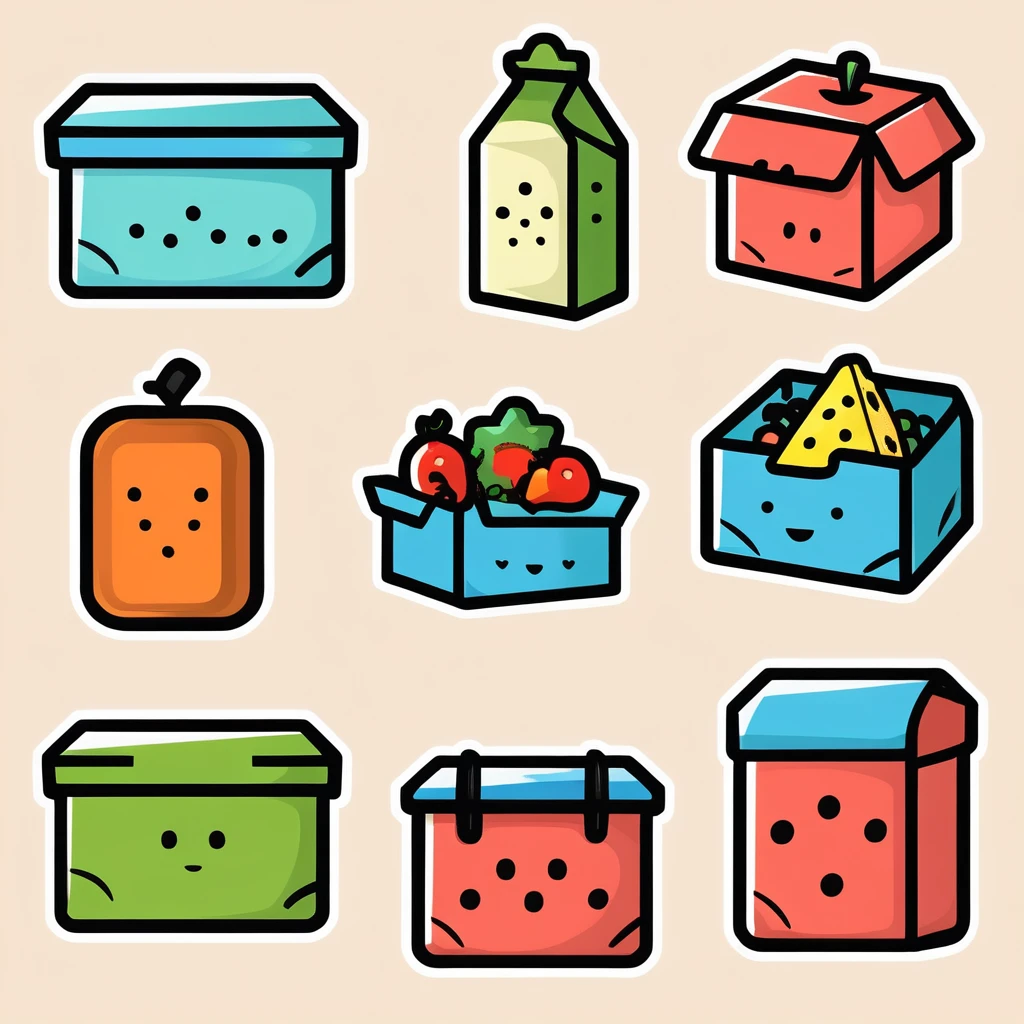 {food box}, { Game icons }, Worn Label, Simple Illustration, Brand Logo, Moderate Saturation, solid color background, correct, logo, dusty, Realism