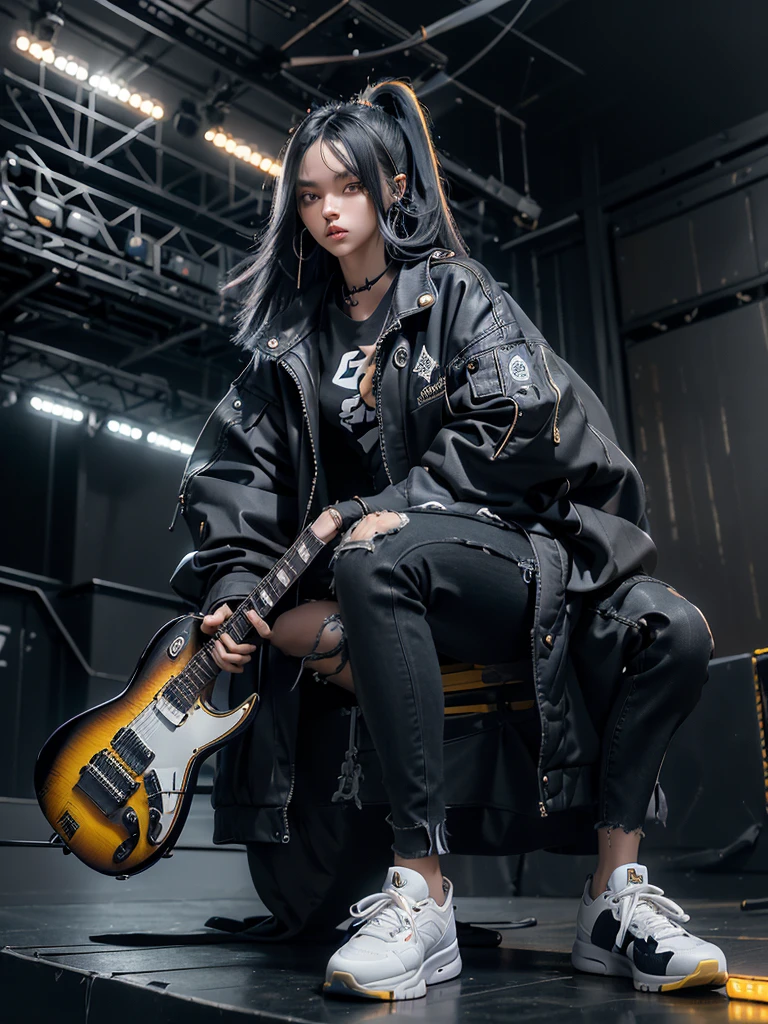 a woman, expressive graceful face, long straight black hair, emo style clothes, tight jeans and a black jacket, worn sneakers, playing a luminous guitar displays the complex components inside the guitar, move attractively, was on the concert stage, decorated with spotlights, very detail, texture detailed, HDR+,32k