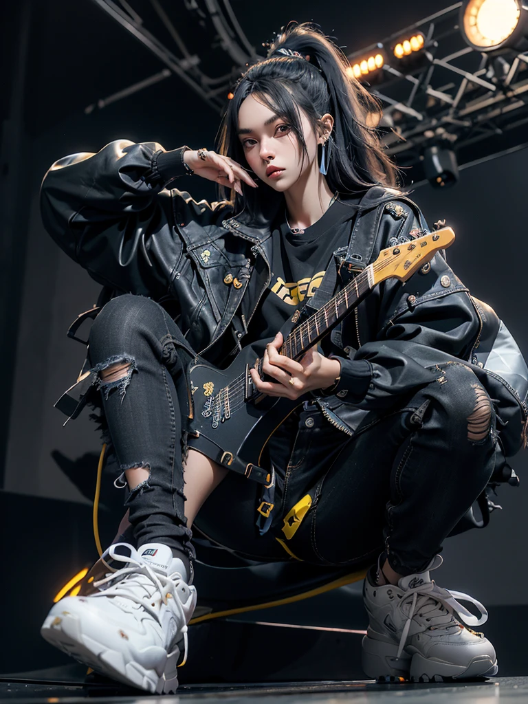 a woman, expressive graceful face, long straight black hair, emo style clothes, tight jeans and a black jacket, worn sneakers, playing a luminous guitar displays the complex components inside the guitar, move attractively, was on the concert stage, decorated with spotlights, very detail, texture detailed, HDR+,32k