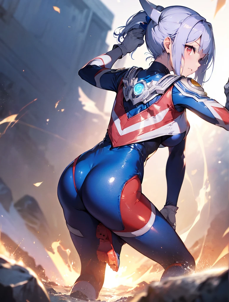 (Close-up:1.3),Realistic,Highest quality, Ultra Detail, High-quality CG rendering, The most delicate and beautiful, Floating softly, High resolution, (1 girl), (Highest quality,4K,8K,masterpiece:1.2) ,Light purple hair,Rabbit,Bunny ears,ponytail,Red eyes,(Ultra Girl:1.0),(All blue Ultraman bodysuit:1.4),(All blue gloves:1.3),(All blue shoes:1.3), (Clenched Fist:1.2),(Turn your back to your audience:1.3),Butt