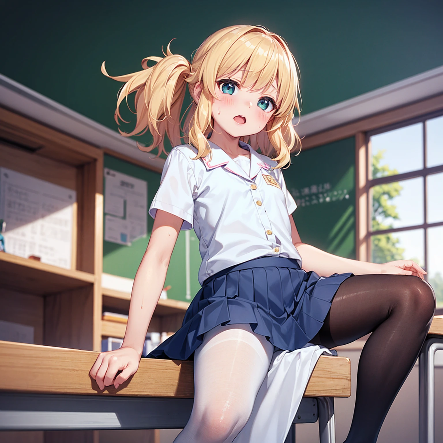 Highest quality,Highest quality,One Girl,One boy,((((10 years old)))),Flat Chest,orgasm,blush, Sweat, Sakurai Momoka,blonde,White Sarah Outfit,Navy Blue Skirt, It is not a pleated skirt,whole body,classroom, pantyhose、Navy Blue Skirtをめくる、Spread your legs