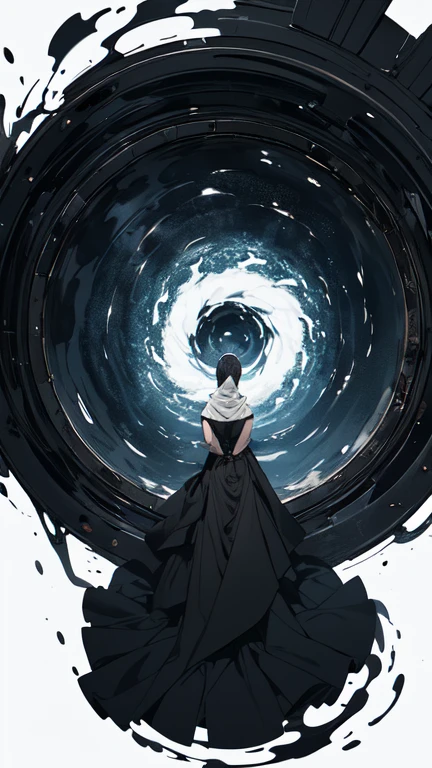 Surrealist painting,16 kg,Maximum detail,Soft texture,Deep shadows,dark,Sharp lines,((a Beautiful, A young woman feels the passage of time)),sad colors. Beautiful. rash. Mysterious random Kazakhstan. sad. Turn around. (To merge:1.2). Cracked. (whirlpool:1.2). (Shiny eyes:1.2). abstract background. (Full body), Hijab and long dress, black flowers