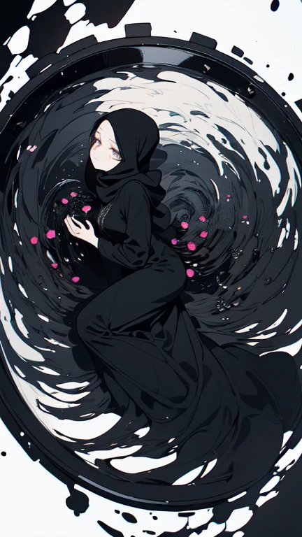 Surrealist painting,16 kg,Maximum detail,Soft texture,Deep shadows,dark,Sharp lines,((a Beautiful, A young woman feels the passage of time)),sad colors. Beautiful. rash. Mysterious random Kazakhstan. sad. Turn around. (To merge:1.2). Cracked. (whirlpool:1.2). (Shiny eyes:1.2). abstract background. (Full body), Hijab and long dress, black flowers