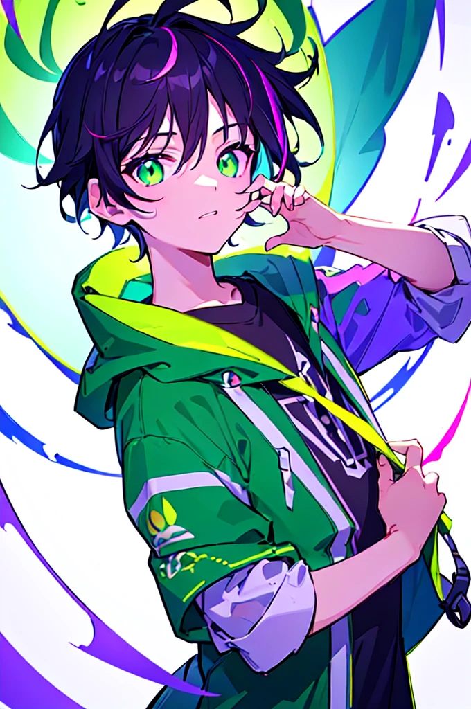 [(WHITE BACKGROUND:1.5),::5], ((((masterpiece)))), high quality, ultra very high resolution, full color, (((solo))), (()), black hair, ((purple streaked hair)), (green eyes), anime, ((upper body)), neon light, black parka, (green flame effect:1.2)