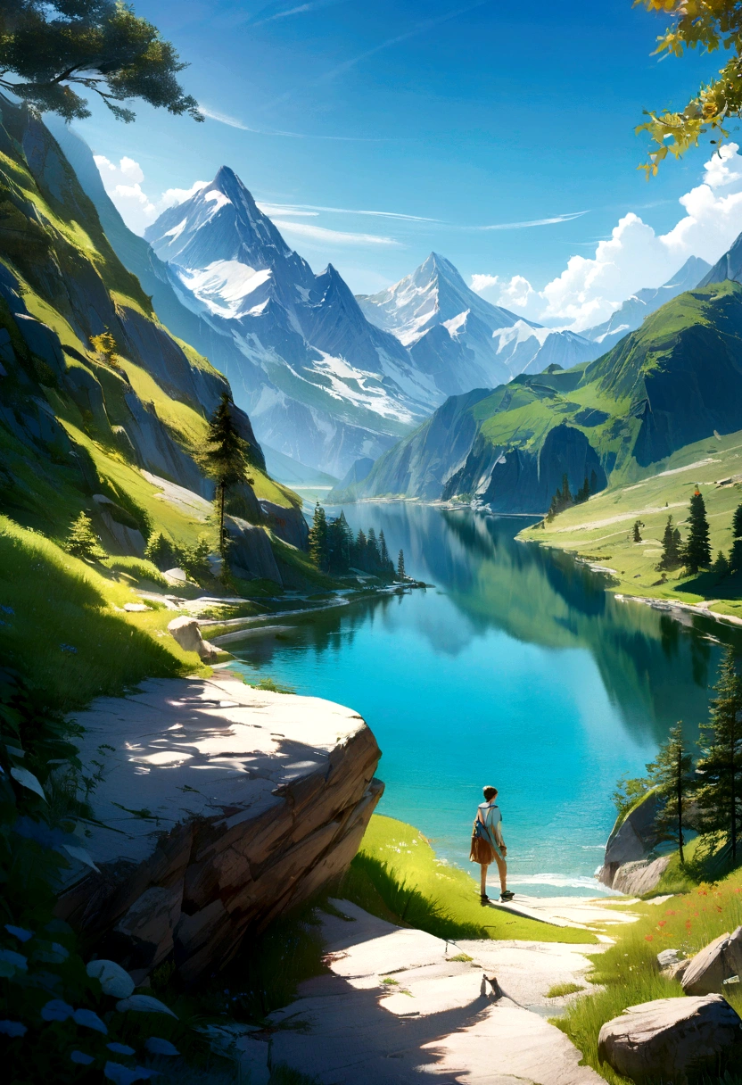 Illustrate a serene peaceful nature scene in summer is scene inspires peace, awe, and tranquility. Vivid beautiful colors. photorealistic 8k, mountain, add 18 year old boy listen music
