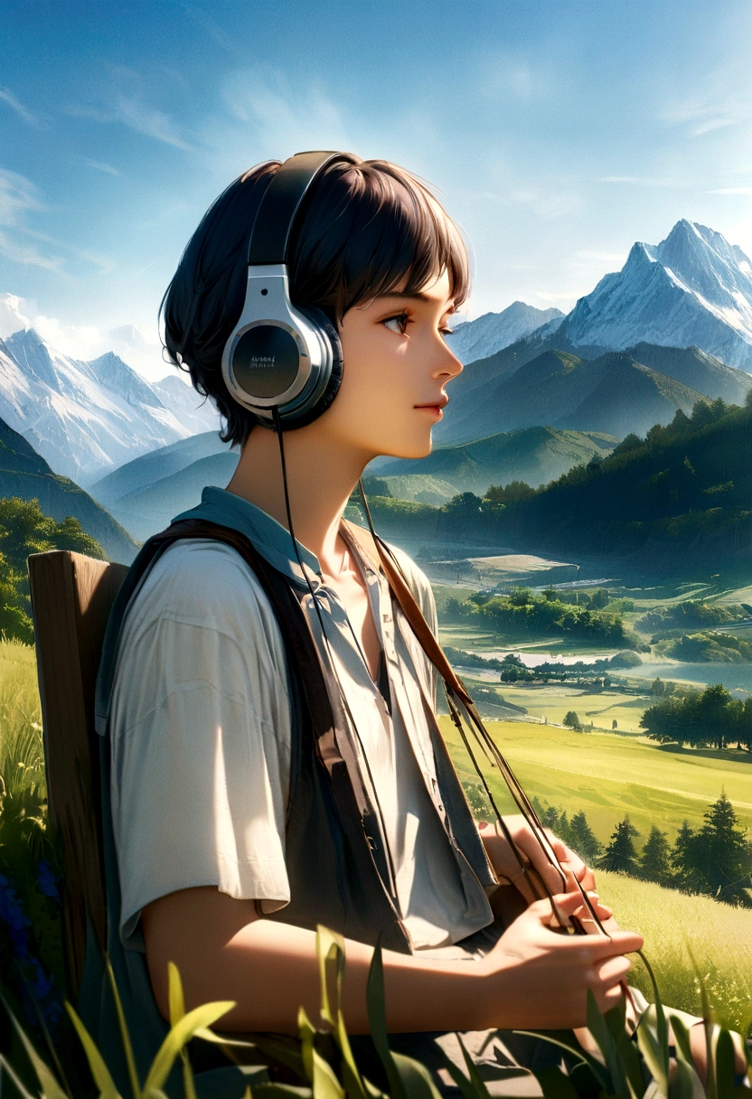 Illustrate a serene peaceful nature scene in summer is scene inspires peace, awe, and tranquility. Vivid beautiful colors. photorealistic 8k, mountain, add 18 year old boy listen music