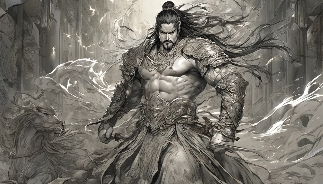 Line art drawing comic a perfect handsome male, Clear Face, Man in his 50s,muscle, Ancient Chinese armor,Topless, Black Hair, Long Beard, ((whole body)), Fine grain, Detailed face,Perfect hand-crafted detail,Swinging the Sword,anger,sparks,ride a horse,
cast (unfathomable,Bamboo Flooring,Fire Glass Panel Brownian Motion,Diagonal lines,Zenith angle,Dust storm,Superfluid,ball,oval ,Flowing magic:1.0)| cavalry, (Vibrant,Illuminate,Enthusiast,cycle,Emerald green,Chrome Yellow Arcanum,Dazzling,shine ,liquid crystal,Space dust,Teleport,The Magic of Dashed Lines:1.0) Purification spell, Trace the symbol on the parchment with a quill, Precisely craft a spell, Astral Sparkle, Simple Positive XLv1, Ultra-high resolution, wallpaper, 8K,Richly textured details, Elevation, A magnificent composition, . graphic illustration, Comic art, graphic novel art, Vibrant, Very detailed . Professional, Sophisticated, Modern, Minimalist, graphic, Line art, vector graphics