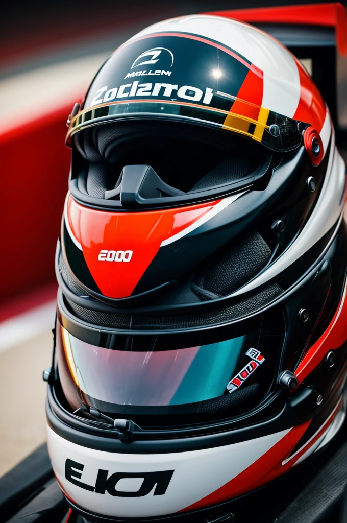 Photo of a Formula 1 car, McLaren 2000, Beautiful, pilot helmet detail, looking at the camera, with the F1 track in Monaco in the background Portrait, 8k contract, high quality