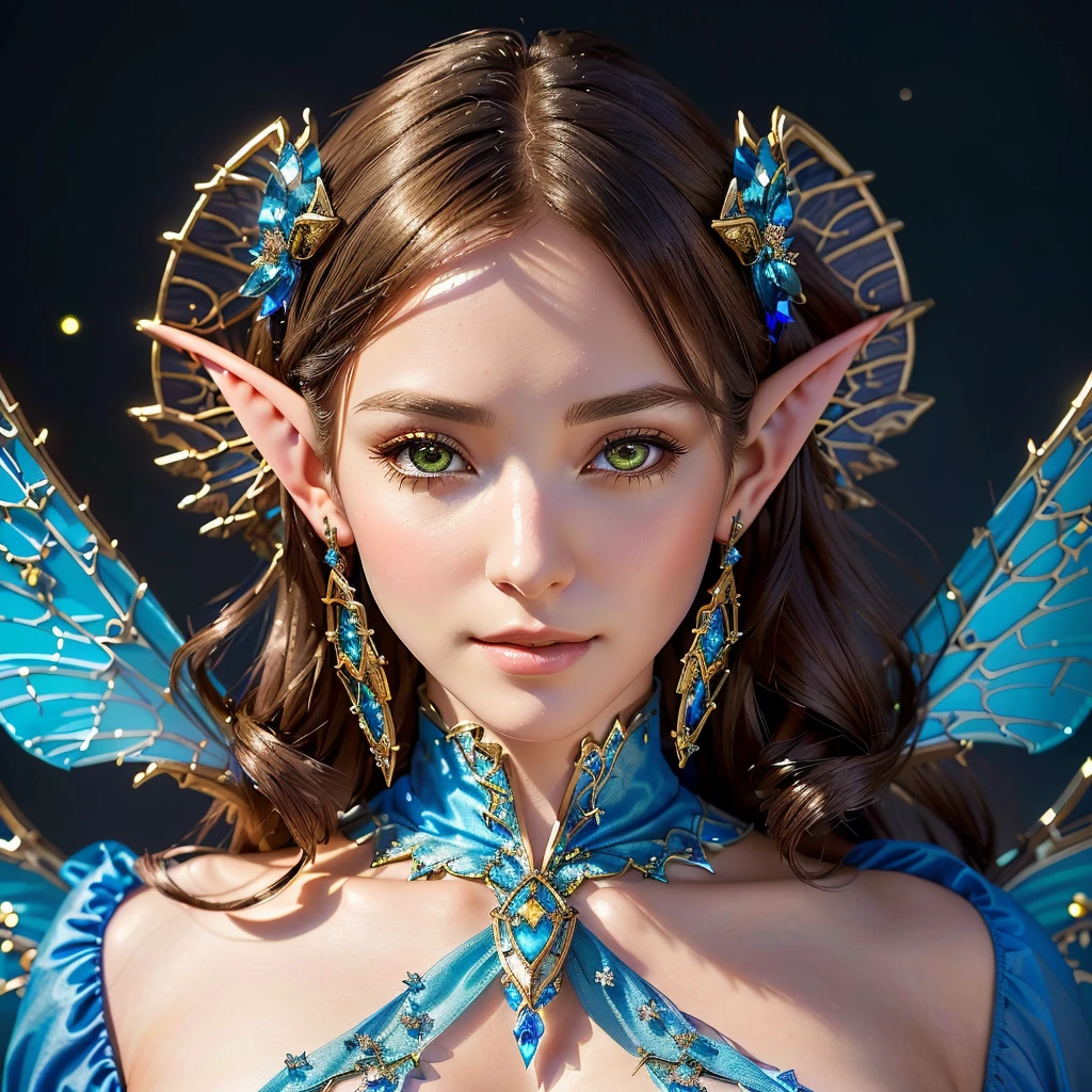 Close up of woman in fairy costume and blue dress, Highly detailed fantasy character, Brunette elf with fairy wings, Smirking elf character, elf girl, Pixie Character, Female elves, Lineage 2 Revolution Style, elf princess, Portrait of an elf, Highly detailed characters, 매우 아름다운 Portrait of an elf, portrait of a fairy, elf beauty