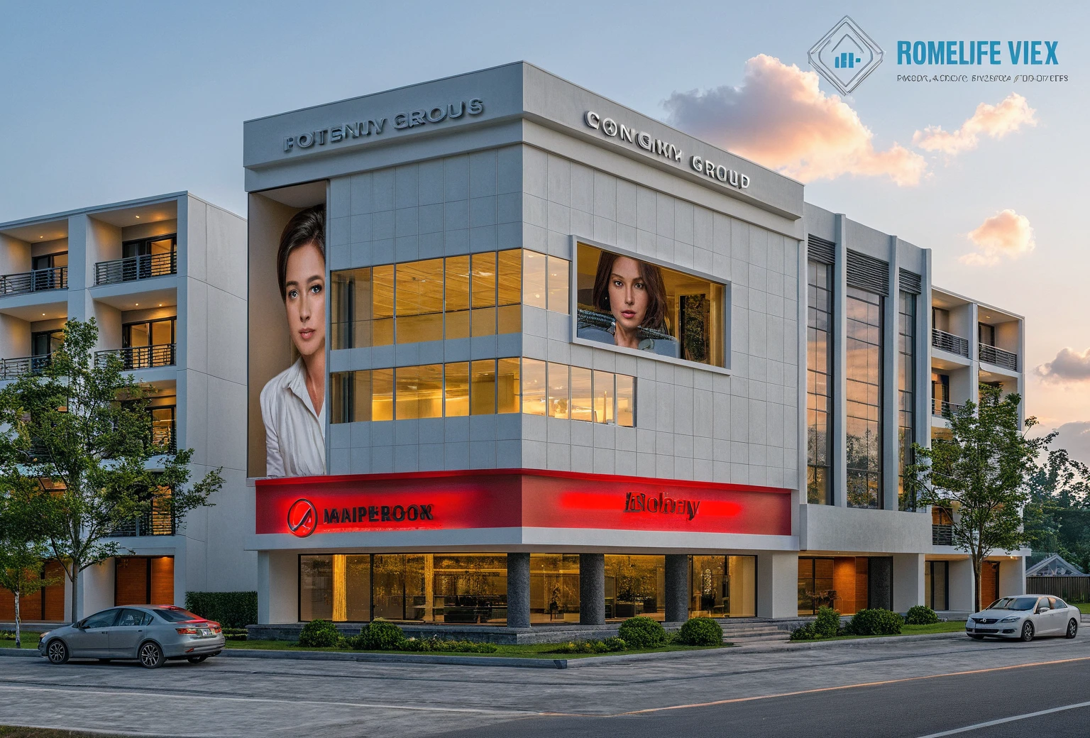 raw photo,Masterpiece, high quality, best quality, realistic, super detailed, outdoor, onefloorvillaXL, aiaigroup, modern style house, commercial office building, red, white exterior finish White walls, roads, sidewalks, grass, trees, sky, clouds (night light:1.1)