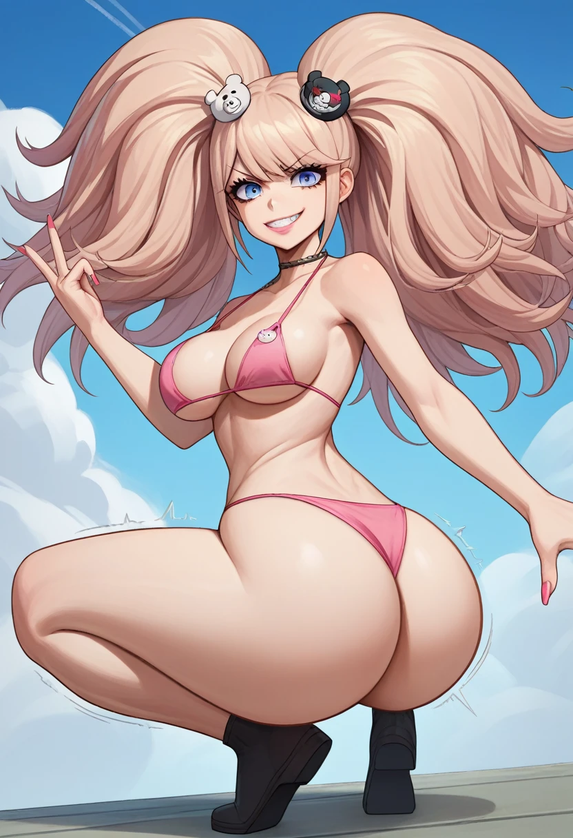 score_9, score_8_up, score_7_up, source_anime, solo, 1girl, enoshima junko, grin, looking towards viewer, standing, twintails, bear hair ornament, v-shaped eyebrows, choker, collarbone, cleavage, Nude, BIG TITS, BIG ASS, COMICALLY BIG TITS, COMICALLY BIG ASS, NUDE, NO CLOTHES, SQUATING, TWERKING, SHAKING ASS, BARE ASS, BARE TITS, BARE BREAST, **SQUATTING POSITION**, hands in the air, Pink Panties, Pink String Bikini Top, Pink Lip stick, Over the top make up, Bimbo
