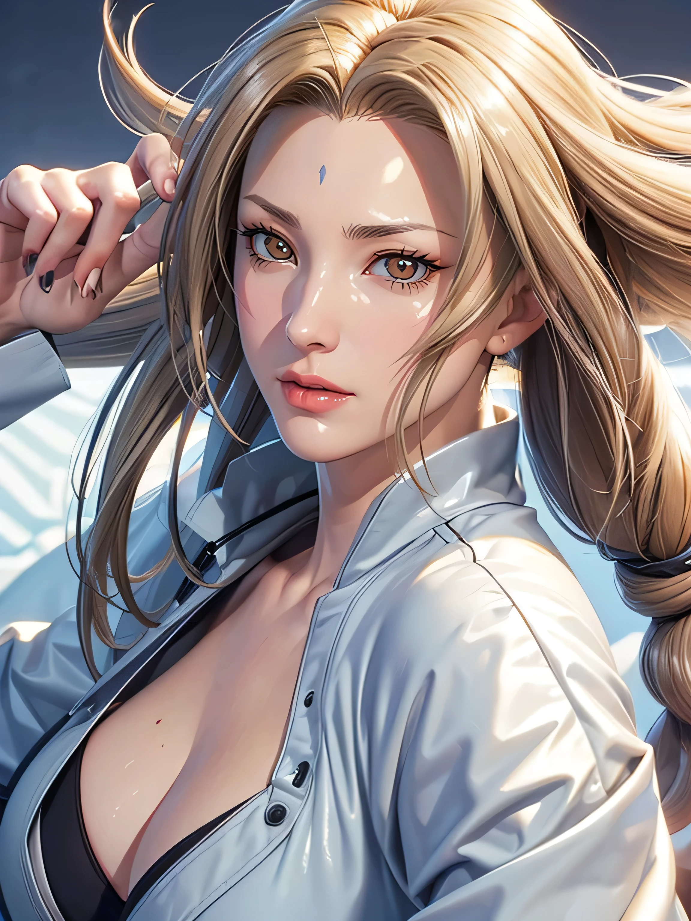 （（（Perfect figure，figure，solo， White and tender skin，（（（cyberpunk，tsunade, Japanese clothes, sash, jacket，A tea green long jacket with black edges, black belt,  ））），（（（T5un4D3, Light yellow long hair, blue purple mark on forehead, light yellow thin short eyebrows, bright brown pupils, light red lipasterpiece)),high resolution, ((Best quality at best))，masterpiece，quality，Best quality，（（（ Exquisite facial features，Looking at the audience,There is light in the eyes，(（（Smile，confidence)））)，））），型figure:1.7））），（（（Light and shadow，Huge breasts））），（（（Looking at the camera，black background）））