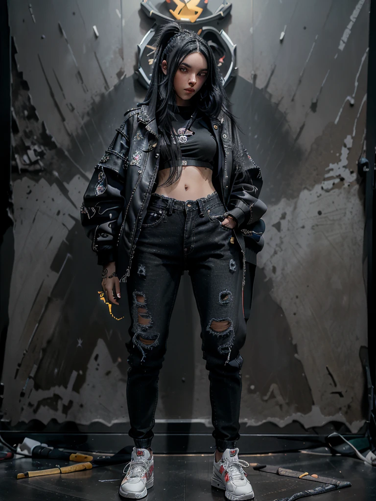 a woman, expressive graceful face, long straight black hair, emo style clothes, tight jeans and a black jacket, worn sneakers, playing a luminous guitar displays the complex components inside the guitar, move attractively, was on the concert stage, decorated with spotlights, very detail, texture detailed, HDR+,32k