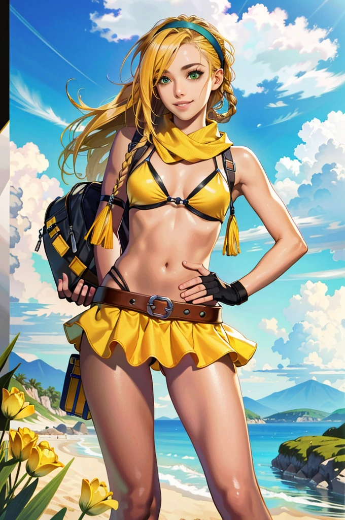 (masterpiece, highest quality:1.3)
backpack FF10,  1 girl, alone, long hair, chest, skirt, blonde hair, hair ornaments, gloves, belly button, green eyes, swimsuit, Braid, bikini, removed sleeve, miniskirt, fingerless gloves, scarf, head band, bird, bikini top only, @_@, yellow bikini, blue head band,super high quality,super high quality,masterpiece,digital single lens reflex,realistic,Detailed details,vivid details,depicted in detail,detailed face,Detailed details,Super detailed,realistic skin texture,based on anatomical basis,perfect anatomy,anatomically correct hand,anatomically correct fingers,Complex 3D rendering,sexy pose,beautiful yellow tulip field,Final Fantasy Worldview,Fantastic night view,fantastic night sky,beauty like a painting,smile,bewitching beauty,phantom river,