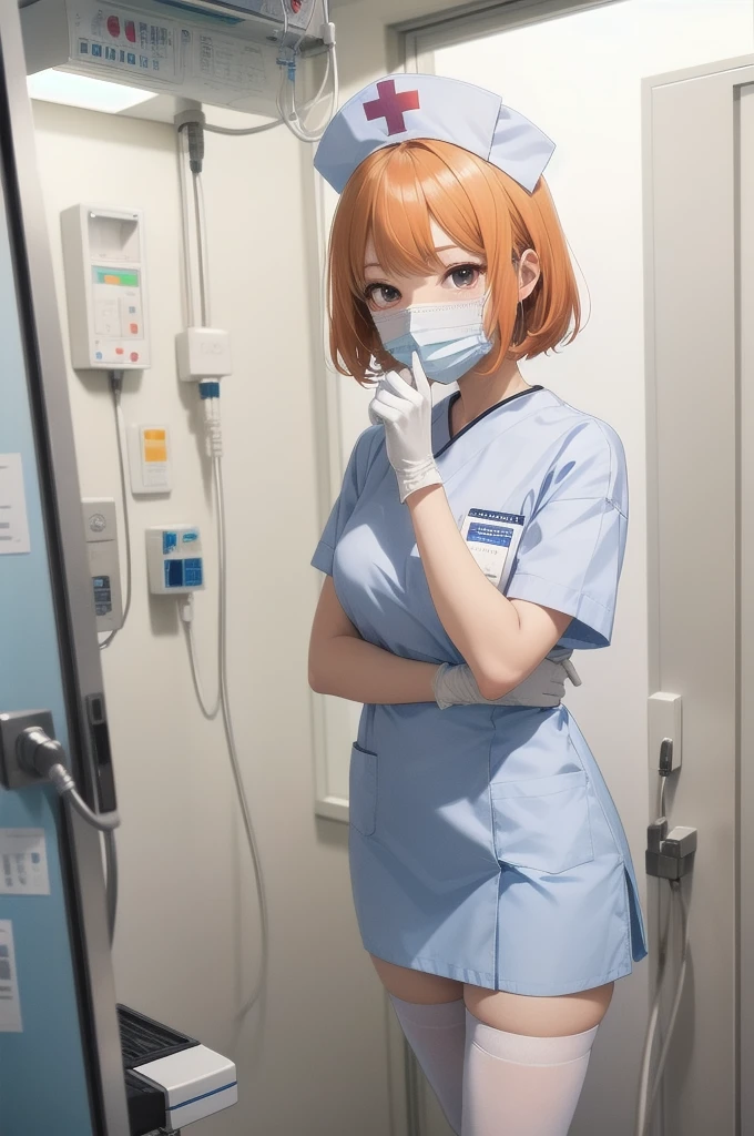 beautiful young Japanese girl, anime style, detailed face, One Girl, alone, nurse, nurse cap, white, ((white legwear, zettai ryouiki)), white gloves, Very short hair, Orange Hair, ((white surgical mask, Covered Nose)), Are standing, ((Hospital room)), Sharp contours, Short sleeve, Tomboy, boyish, Highest quality, masterpiece、I don't wear a hat