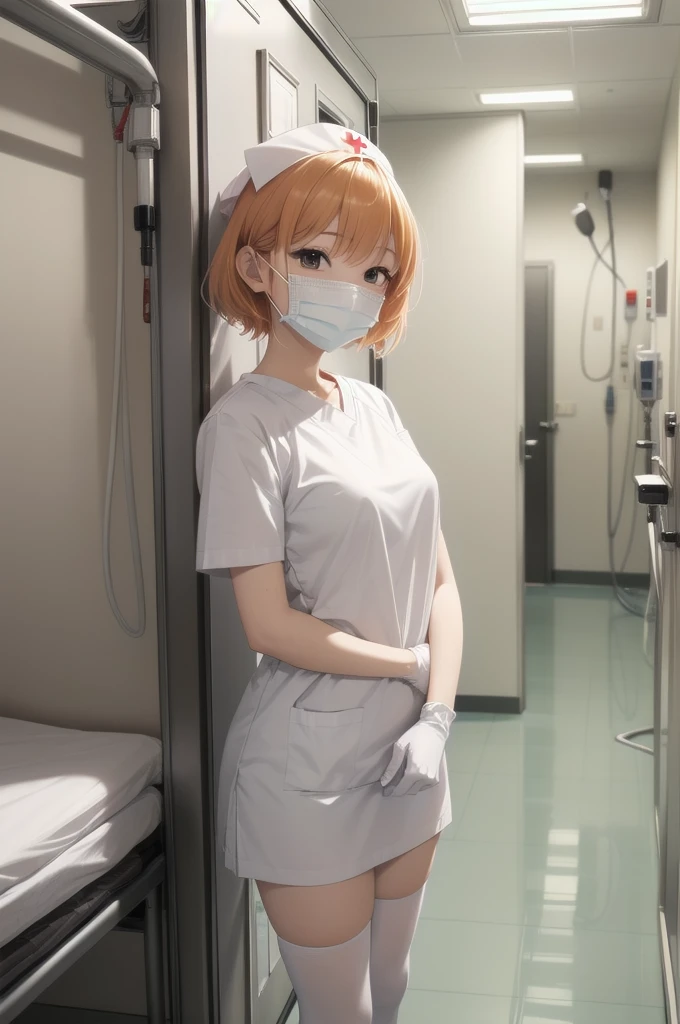 beautiful young Japanese girl, anime style, detailed face, One Girl, alone, nurse, nurse cap, white, ((white legwear, zettai ryouiki)), white gloves, Very short hair, Orange Hair, ((white surgical mask, Covered Nose)), Are standing, ((Hospital room)), Sharp contours, Short sleeve, Tomboy, boyish, Highest quality, masterpiece、I don't wear a hat