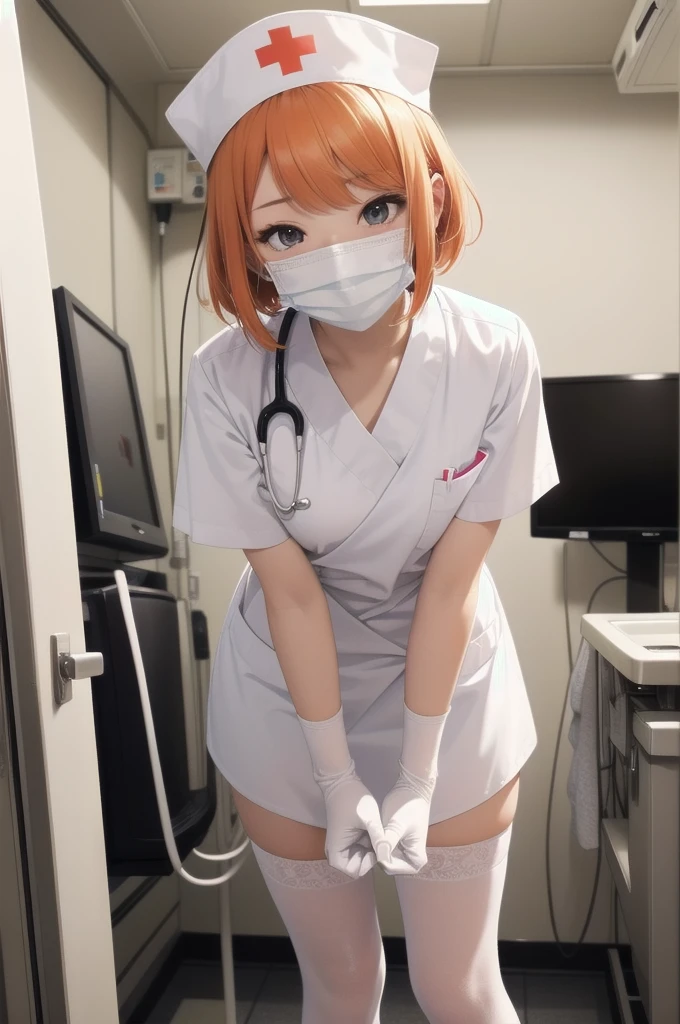 beautiful young Japanese girl, anime style, detailed face, One Girl, alone, nurse, nurse cap, white, ((white legwear, zettai ryouiki)), white gloves, Very short hair, Orange Hair, ((white surgical mask, Covered Nose)), Are standing, ((Hospital room)), Sharp contours, Short sleeve, Tomboy, boyish, Highest quality, masterpiece、I don't wear a hat