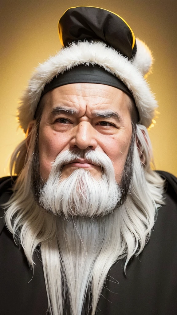 Ancient Chinese thinker Confucius Yellow costume Fine white beard Stern expression Looking at you