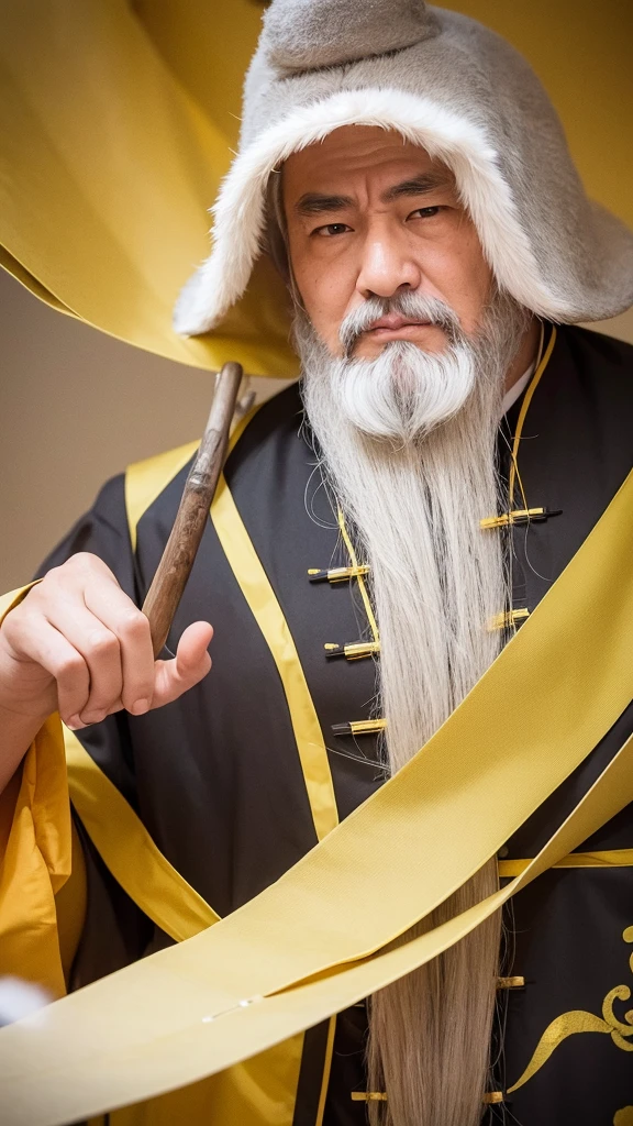 Ancient Chinese thinker Confucius Yellow costume Fine white beard Stern expression Looking at you
