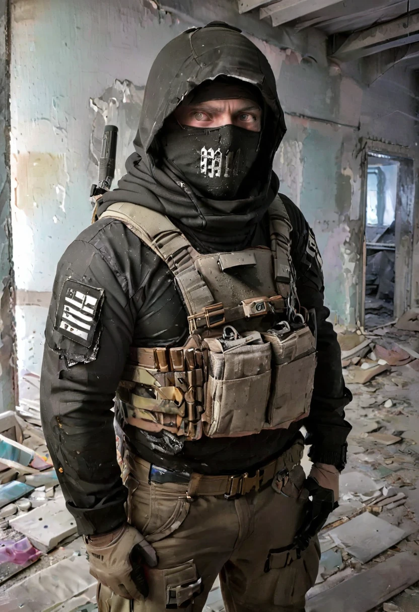 Hooded man, you can’t see his face. He wears a long black coat with a hood that hides his face, he wears a bullet vest and a military outfit. He is armed with an assault rifle. The environment around him is dilapidated and in ruins. The man wears an assault rifle and his face is not visible. [Ruin] [Concealed face] [Hooded] [Armed] [Assault rifle] [Man]