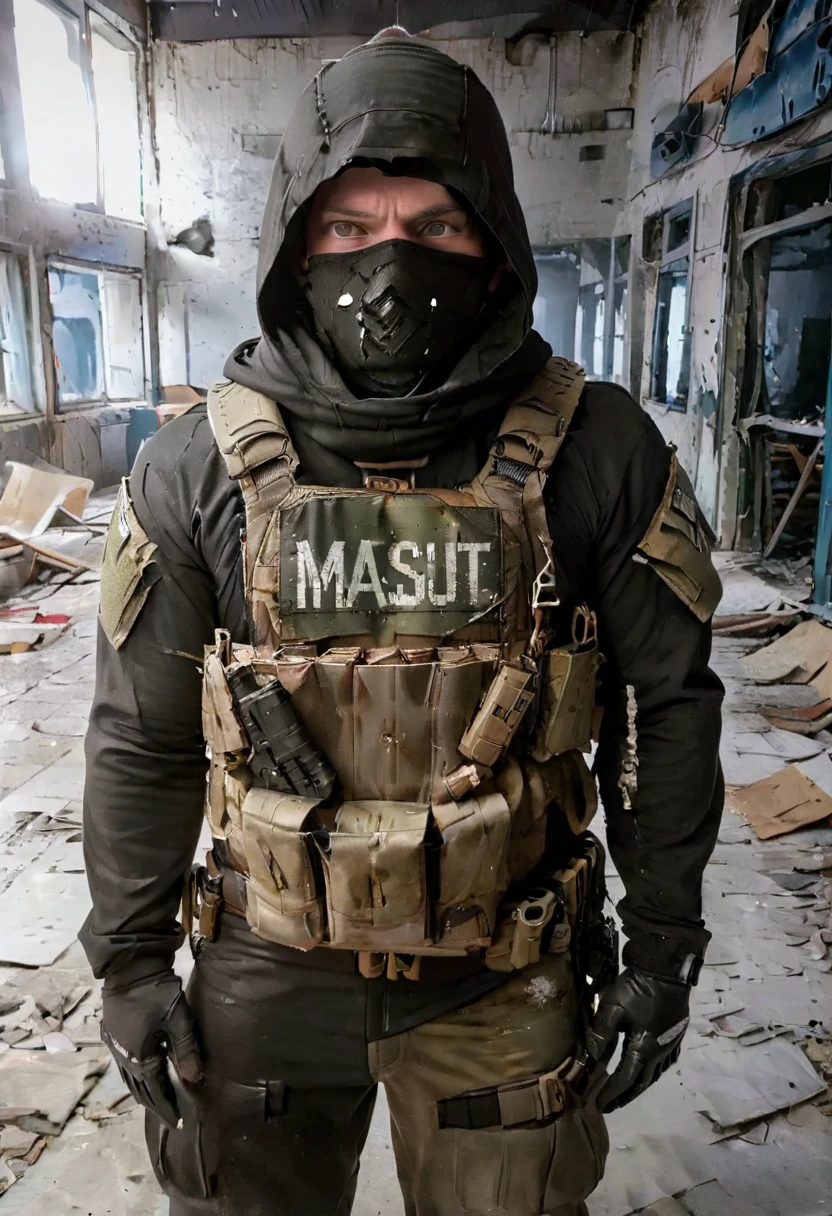Hooded man, you can’t see his face. He wears a long black coat with a hood that hides his face, he wears a bullet vest and a military outfit. He is armed with an assault rifle. The environment around him is dilapidated and in ruins. The man wears an assault rifle and his face is not visible. [Ruin] [Concealed face] [Hooded] [Armed] [Assault rifle] [Man]