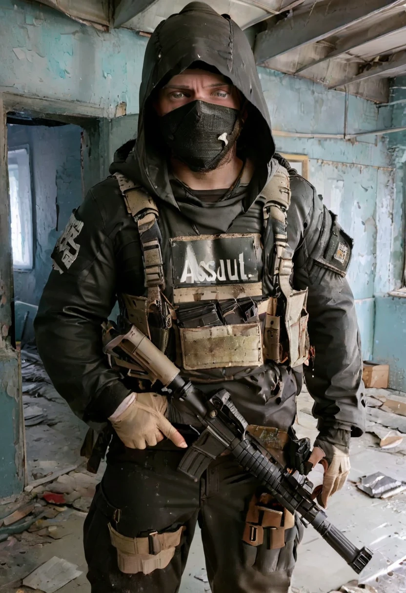 Hooded man, you can’t see his face. He wears a long black coat with a hood that hides his face, he wears a bullet vest and a military outfit. He is armed with an assault rifle. The environment around him is dilapidated and in ruins. The man wears an assault rifle and his face is not visible. [Ruin] [Concealed face] [Hooded] [Armed] [Assault rifle] [Man]