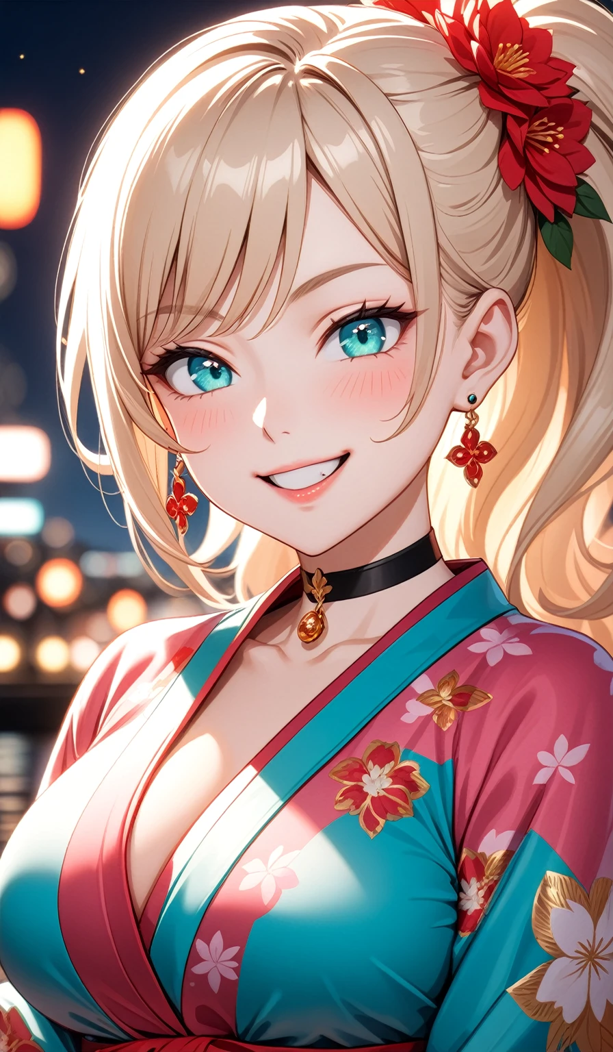 ((One personの女性)), Beautiful Face, (Laughing embarrassedly), (evil smile:1.2),((Wink:2.0)), (head tilt:1.3), Laugh with your mouth wide open,((Bright red cheeks:1.4)),Shiny red lips,Night view,port, firework,Laughing with your mouth open,Glossy pink lips,Facial lighting, ((Anime style background)),masterpiece, Highest quality, so beautiful,up to date, Complex details, (Pink long nails),(ring),(bracelet),(choker),AI-generated, Complex,High resolution, Highest quality, super high quality,3D Images、3D Images,One person,Long blonde hair,ponytail, wavy hair ,Anime woman posing for a photo, ((Fine grain、Turquoise Eyes、Shining Eyes:1.3)), (Squint your eyes:1.1),a hyperRealistic , hyperRealistic , Realistic,Anime woman with long white hair, Smooth anime CG art, A woman in a colorful kimono with gold embroidery, (Pink long sleeve kimono),Red floral pattern,Long flower hair ornament,Earrings,Mature Body,(Big Breasts:1.1),Tall,Abdominal muscles,Tight waist,(Zoom up to face:1.3), (front view),