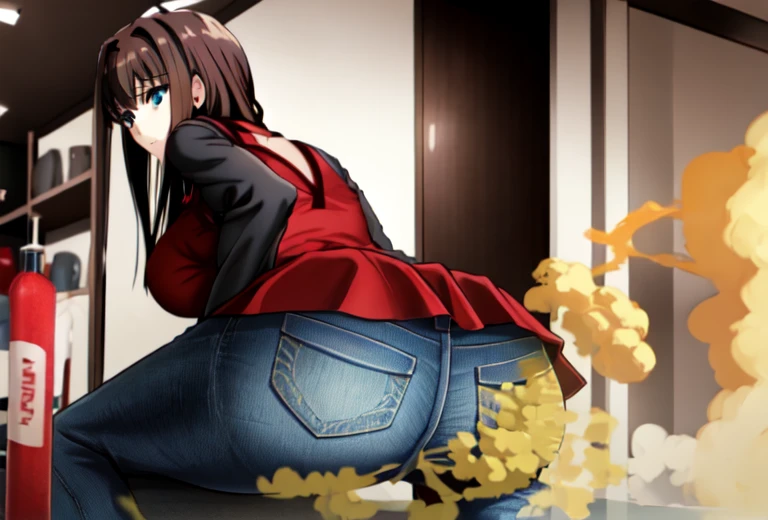 Highest quality, masterpiece, High Resolution, One girl, pooping,  long hair, brown hair, black shirt, red dress, long sleeves, black pantyhose, from Aozaki, farting, Ass, hyper Ass, huge Ass, jeans,