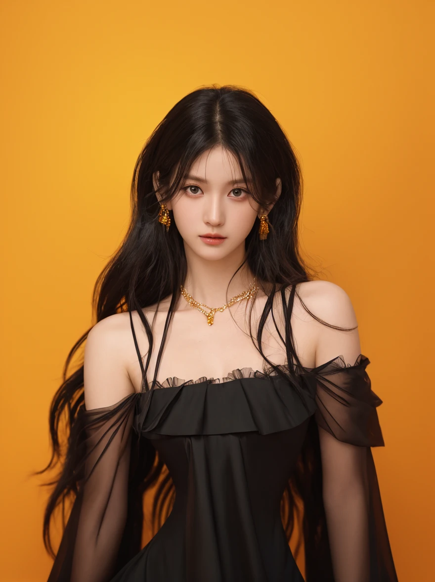 yor briar, (photorealistic), beautiful girl,backlighting, bare shoulders, black background, black dress, black gloves, black hair, breasts, closed mouth, cowboy shot, dress, earrings, expressionless, fingerless gloves, floating hair, gloves, gold earrings, gold hairband, hair flower, hair ornament, hairband, jewelry, large breasts, light particles, long hair, looking at viewer, off-shoulder dress, off shoulder, petals, red eyes, short hair with long locks, sidelocks, solo, spikes, thighs, two-sided dress, two-sided fabric, ((masterpiece))