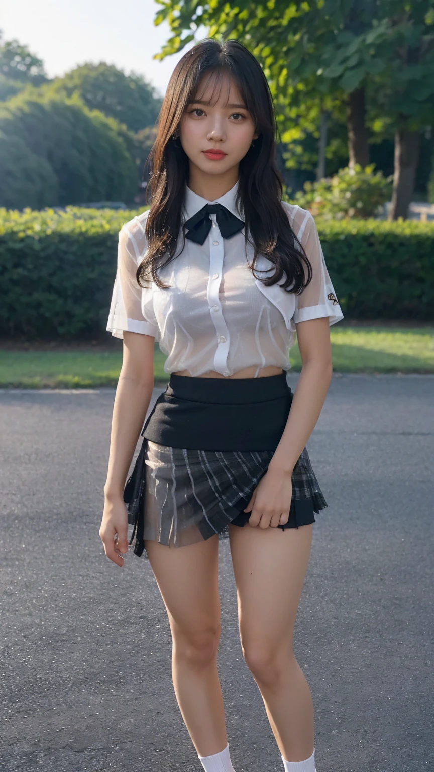 ((masterpiece)),(((Highest quality))),Thin thighs,Long legs,An 18-year-old woman standing on the steps of her school，Japan  uniform:1.5，White camellia floral lace bra:1.5,open chest white shirt，The best smile,Short blonde hair:1.5，short side wave，Carrying a black backpack，Wear black loafers，