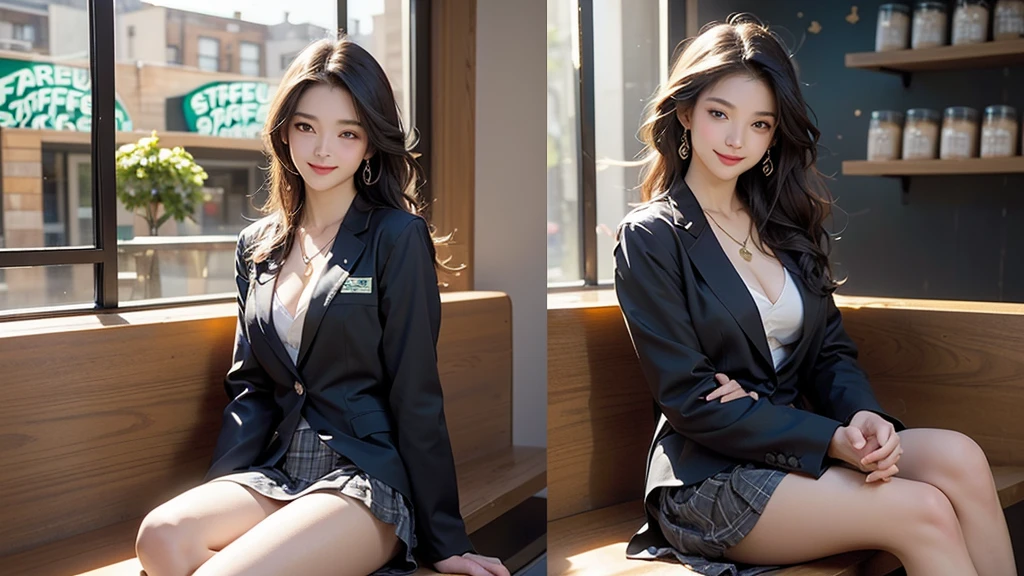 8K、RAW Photos、Highest quality、Super detailed、Super Resolution、Ultra HD、8K壁紙、Amazing details
(((night,真night中))),((Perfect Anatomy:1.2,Realistic:1.3,RAW Photos:1.3,masterpiece、Highest quality、Ultra - High resolution、High resolution、Highly detailed CG、8K)),Cowboy Shot,((attractive way to sit)),1 female,alone,18-year-old、High school girl beautiful girl,Japanese,((Beautiful and graceful face and eyes:1.2,Big beautiful eyes:1.3,)),blonde,Long Hair,(Center parted hair:1.4,amount),Medium Chest,Slender body,Small Head:1.3,skinny,(Brown Skin:1.4),(Oily skin,Glowing Skin,Shiny skin,Sweat:niform、Dark blue blazer jacket、Checkered pleated mini skirt),Dirty back alley、Tokyo、((Turn your body forward))
(((((Inside the Starbucks store)))))、16歳のFemale studentの女、((((Eat cake、Drink coffee、smile))))、((Heart Necklace、Gold bracelet))((Young face))
(((((Stylish interior)))))、
(((Female student)))
((Emphasize cleavage))
((((Woman sitting at the window seat))))

